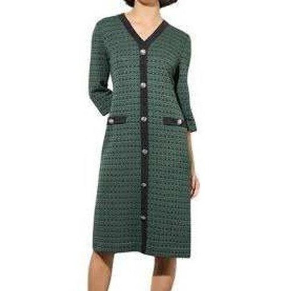 Ming Wang Green Black Geometric Knit Longline Cardigan‎ Jacket Silver Buttons